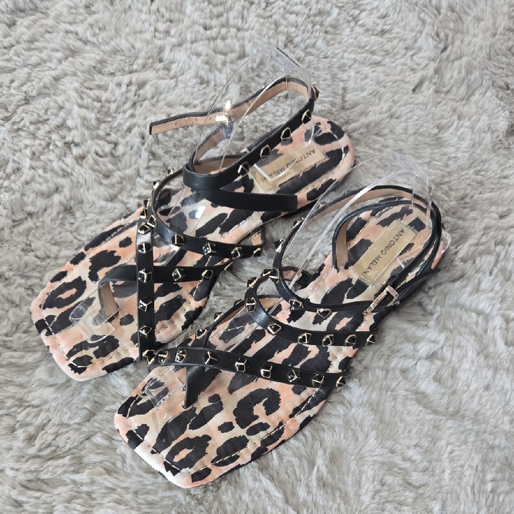 Antonio Melani animal print studded wrap ankle strap sandals size 9